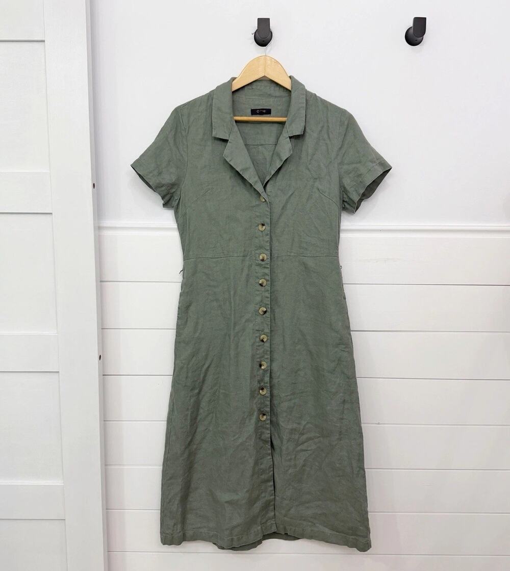 Women’s Quince Green Collared Button Front Linen Shirt Midi Dress Size S